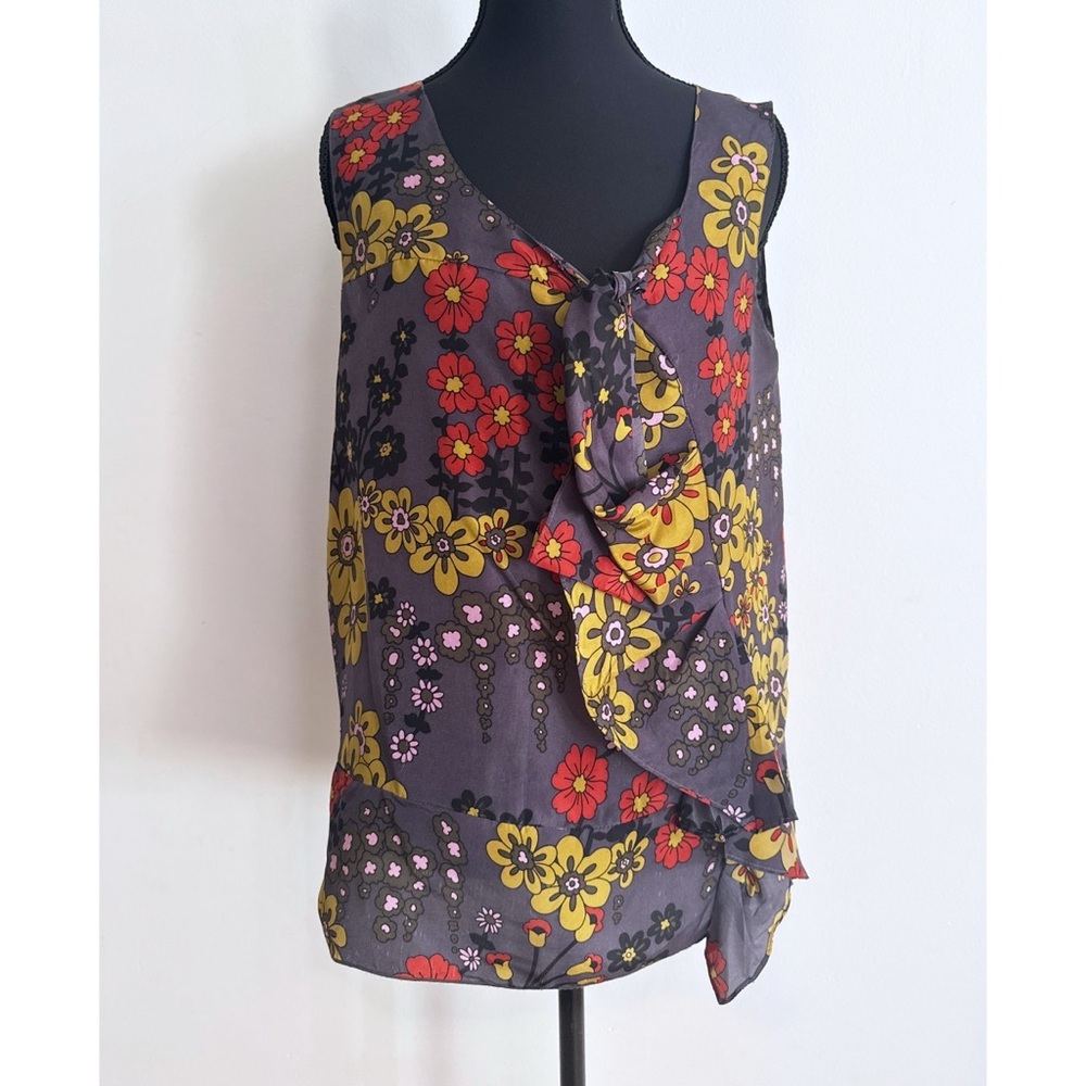Authentic Marni 100% Silk Vibrant retro Floral Cascading Ruffle Floral Shell Top - Picture 2 of 13